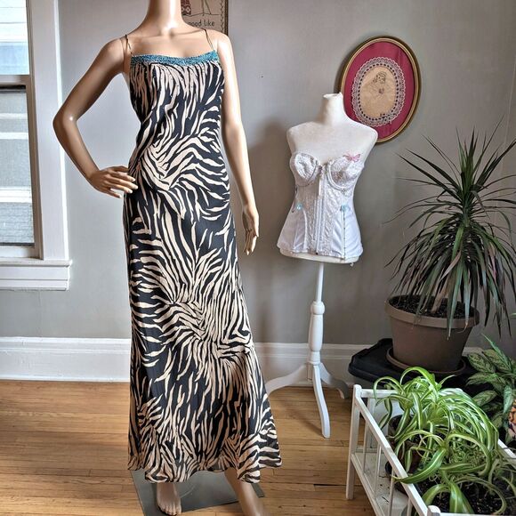 Vintage Y2K Midi Dress Silk Animal Print Floral Fairy Whimsygoth Zebra 10 - Picture 1 of 10